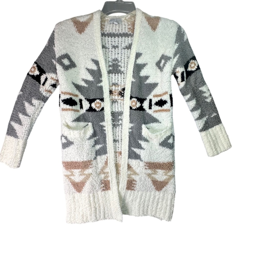Warm & Cozy Lifestyle Southwestern Popcorn Knit Cardigan Sweater White Grey Sz S
